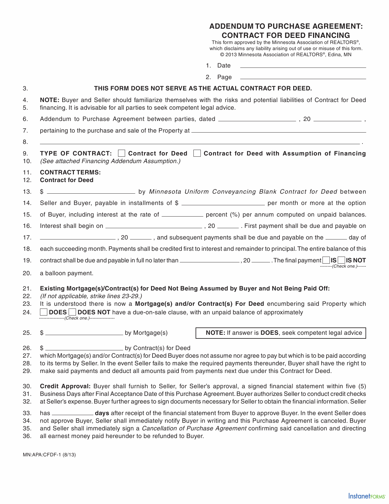 Contract For Deed Template Minnesota